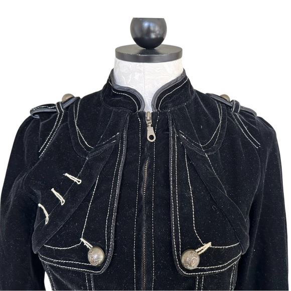 Aziz Black Velvet Military Style Jacket Zip Front Epaulets Bronze Buttons Small - Picture 5 of 14